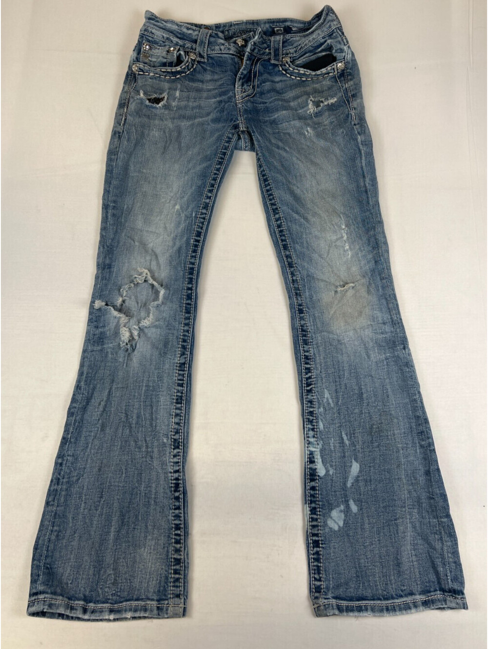 Miss Me Women 27 Inseam 31 Blue Bootcut Jeans Distressed Rhinestone Flap pockets